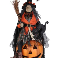 Halloween Hexe Mit Leuchtendem Kürbis & Katze 68cm