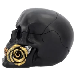 Schwarzer Totenschädel Mit Goldener Rose 15cm -Halloween-Requisitenladen schwarzer totenkopf mit goldener rose black skull with golden rose gothic deko gothic totenkopf 54621 03